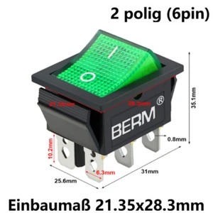 Wippenschalter, 2 polig (6pin) 16A 250VAC 21.35x28.3mm Grüne Wippe beleuchtet - Picture 1 of 4