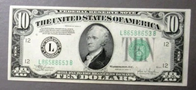 $10 FRN Series of 1934-C, Fr# 2008L, Darker Green Seal, Very Choice CU - Image 1 of 2