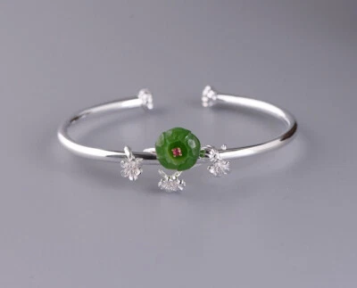 I05 Armspange Silber 925 Blüten grüner Jaspis und roter Zirkonia Kristall - Bild 1 von 4