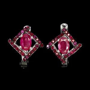 925 Sterling Silver Earrings Oval Ruby 6x4mm Ruby Diamond Cut Gemstone Jewelry - Picture 1 of 14