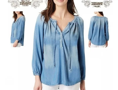 Blusa de rayon vintage America Blues tamanho 1X azul cambraia boho camponesa hippie feminina - Imagem 1 de 4