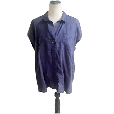 Túnica de lino Ellen Tracy Popover talla XL índigo manga corta cuello playa Foto 1 de 4