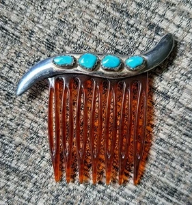 1 Vintage Navajo Silber & Türkis Haarkamm klein unmarkiert Zelluloid Sterling? - Bild 1 von 7
