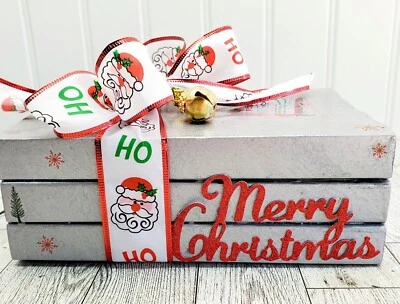 Merry Christmas Farmhouse Décor Handmade Silver Red Holiday Bookstack 8"x3" - Image 1 of 4