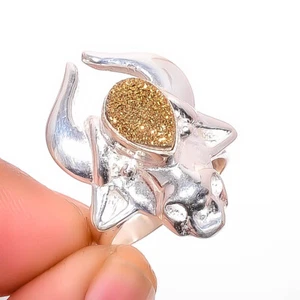 Titanium Golden Agate Drusy Designer 925 Steerling Silver Bull Ring s.6 R7467-1 - Picture 1 of 1