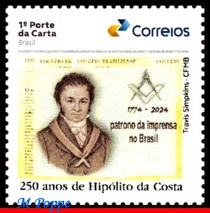 24-63 BRASIL 2024 HIPOLITO DA COSTA, PATRÓN DE LA PRENSA, MASONERÍA ALBAÑIL, MNH - Imagen 1 de 2