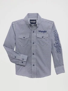 Wrangler Logo Blue Geometric Print - Kids Boys Shirt - Picture 1 of 3