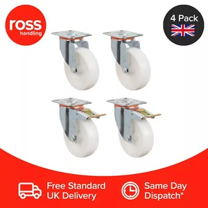 4 x Pack Schwerlast Stahl drehbar/gebremst Rollen Nylonräder mehrere Größen UK - Bild 1 von 2