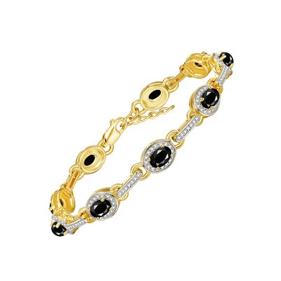 RYLOS FACETED ONYX & DIAMOND TENNIS BRACELET YELLOW GOLD PLATED SILVER 7-8"  - Image 1 of 4