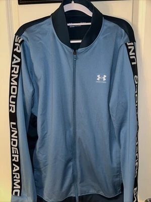 Under Armour 轨道夹克男式大号海军蓝浅蓝色全拉链全新无标签宽松版型 — 第 1/4 张图片
