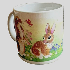 Coffee Mug Cup Rabbits Bunny Spring Flowers Butterflies Cute jsny Taiwan Vintage - Picture 1 of 10