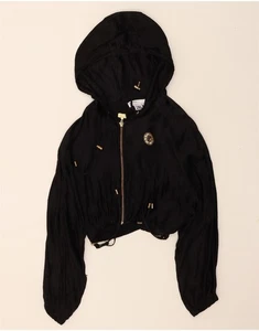 BERSHKA Womens Brooklyn Graphic Hooded Bomber Jacket UK 10 Small Black BN06 - Picture 1 of 3