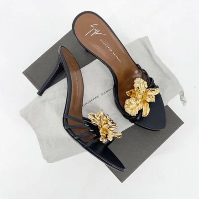 Giuseppe Zanotti 黑色皮革兰花骡子 105 金色花朵高跟鞋凉鞋 IT 38.5 — 第 1/4 张图片