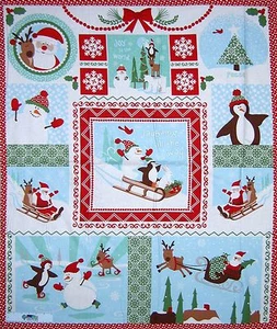 Christmas Fabric Panel - Joy Kate Spain Santa Penguin Snowman 36" Moda Cotton - Picture 1 of 3