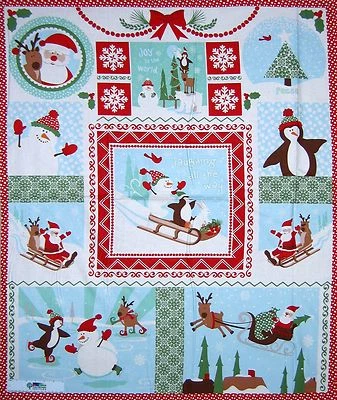 Christmas Fabric Panel - Joy Kate Spain Santa Penguin Snowman 36" Moda Cotton - Image 1 of 3