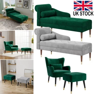 Velvet Chaise Longue Lounge Sofa Left Armrest Armchair Footstool Back Chair UK - Picture 1 of 90