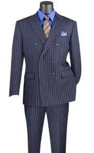 Navy Vinci Men's Wool Feel 6 Button Striped Double Breasted Classic Fit Suit - Picture 1 of 3