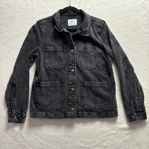 Old Navy Denim Chore Jacket Women Sz Medium Black Four Pocket Button Up Coat - Picture 1 of 13