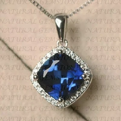 Colgante de diamantes y zafiros naturales talla cojín de 4,30 quilates enchapado en oro blanco de 18 quilates Foto 1 de 4