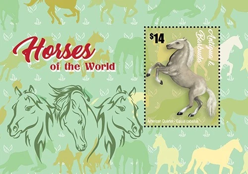Antigua 2022 - Caballos animales de granja - Hoja de estampillas de recuerdo - Scott #3664 - MNH Foto 1 de 1