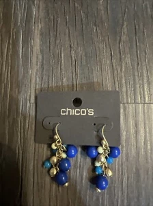 Chico's Blue Turquoise and White Bead Clusters Drop Earrings Dangle EUC - Picture 1 of 4