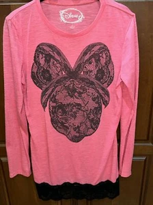 Disney Parks Medium Bubble Gum  Pink Black Lace Trim Hi  LS Minnie Sz Large - Picture 1 of 16