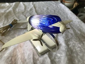 1978 SARSAPARILLA Art Deco BLUE/WHITE Glass 3D DC-3 AIRPLANE Lamp NIGHT LIGHT Up - Picture 1 of 22