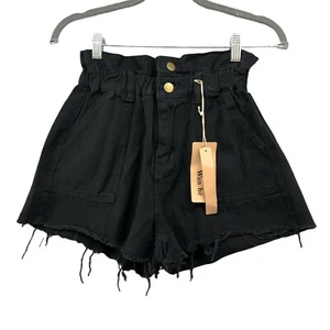 NWT Distressed High Waisted Jean Shorts Womens Small S Paper Bag Raw Hem Black - Picture 1 of 11