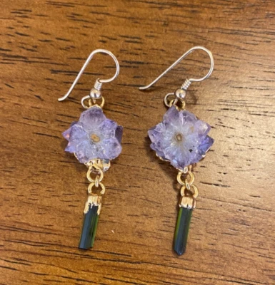 Amethyst Stalactite Slice "Flower" Earrings Gold Dipped Green Gemstones Foto 1 de 4