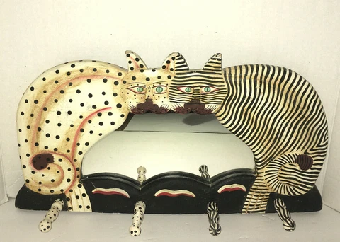 Vintage Wooden Folk Art Cats Mirrored Hat/Coat Hanger Rack~Rare Blue Eyes Cover