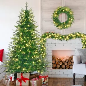 6FT Pre-Lit Aspen Fir Artificial Christmas Tree with Wreath&Garland Green QW - Picture 1 of 10