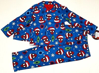 Spiderman Marvel Christmas Pajamas Sleepwear 2 Piece Coat Button Front New Boy - Image 1 of 4