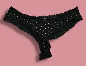 Vtg Victoria’s Secret Woman's Black & cream Polka Dot Lace Cheeky Panties Large - Picture 1 of 6