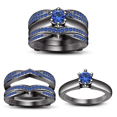 Juego de anillos de compromiso nupciales de zafiro creados en laboratorio redondos de 2 quilates de oro negro de 14 quilates Foto 1 de 2