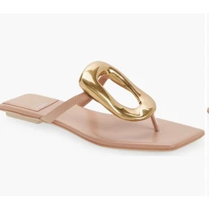 JEFFREY CAMPBELL Linques-2 Flat Square Toe Open Thong Sandal Natural Gold 6 - Picture 1 of 7