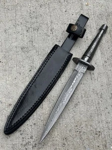 13” FS Commando Dagger Damascus Full Tang Double Edge Spear Point Leather Sheath - Picture 1 of 5