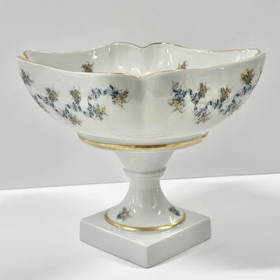 Французская пьедестальная чаша Limoges | 7,5-дюймовая синяя фарфоровая ваза с цветочной золотой отделкой - Изображение 1 из 4