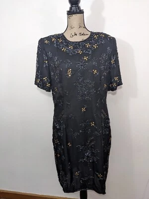 NWT STENAY Black 100% Silk Gold Sequined Holiday Evening Dress Classy 16 - Image 1 of 4