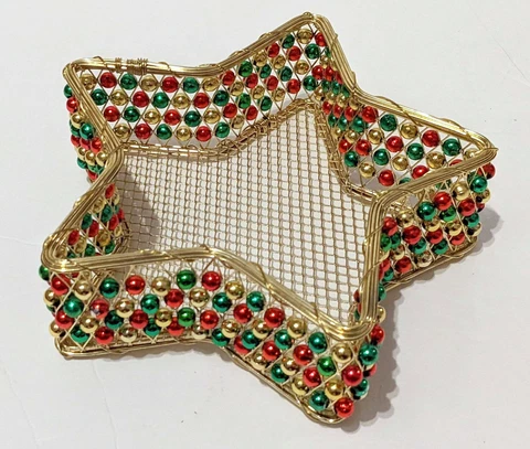 VTG MERCURY BEADED WIRE TRAY Basket STAR Shaped Gold Tone Cover
