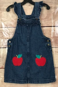 Cynthia Rowley Girl 7 Blue Denim Overall Dress Side Buttons Ruffled Bib Applique - Picture 1 of 10