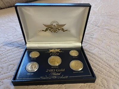 1999 24kt Gold Plated US Mint Proof  5 Coin Set #048 Uncirculated Display Box - Image 1 of 2