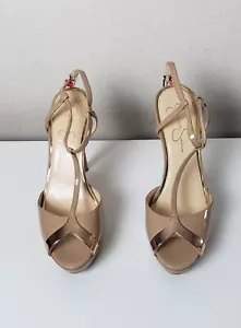 Jessica Simpson Stiletto Heels Open Toe T Strap Tan Beige Gold Tone Trim 10M/40 - Picture 1 of 6