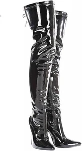Damen Lack Kunstleder Overknee Stiletto Absatz Stiefel Schnürung hinten seitlicher Reißverschluss - Bild 1 von 8
