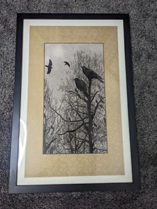RARE Yan Inlow Crows Nesting In Bare Trees Embroidery Art Frame 21.5" X 32" - Picture 1 of 8
