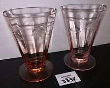 2 Pink Glass Tiffin Franciscan Optic Etched LEAF Footed Tumbler