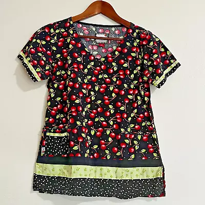 Mary Engelbreit Women's Shirt Top Black Red Cherries Scrub Short Sleeve sz XS - Image 1 of 4