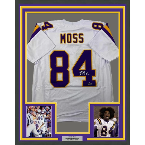 Framed Facsimile Autographed Randy Moss 33x42 White Reprint Laser Auto Jersey Cover