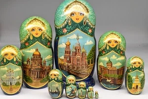 Genuine St. PETERSBURG Russian 10Pc Nesting Dolls HAND PAINTED SIGNED Matryoshka - Picture 1 of 10