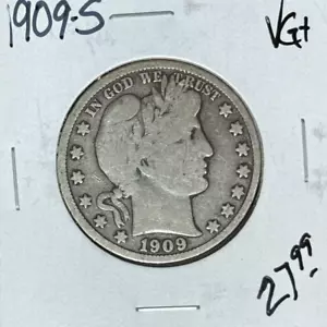 1909-S BARBER SILVER HALF DOLLAR ~ VG+ ~NICE COIN~ - Picture 1 of 2