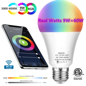 Wifi Smart LED light Bulb 9W(60W) A19 850LM RGBW Dimmable for Alexa/Google/Siri - Picture 1 of 11